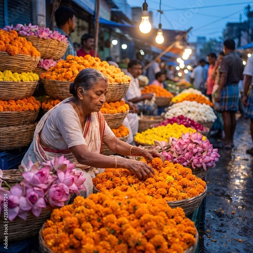 Indian flower seller arranging marigolds and lotus blossoms at a bustling market scene