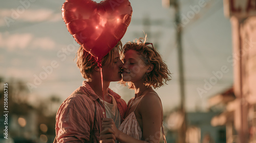 Couple shares a kiss while holding a heart shaped balloon romantic photograph