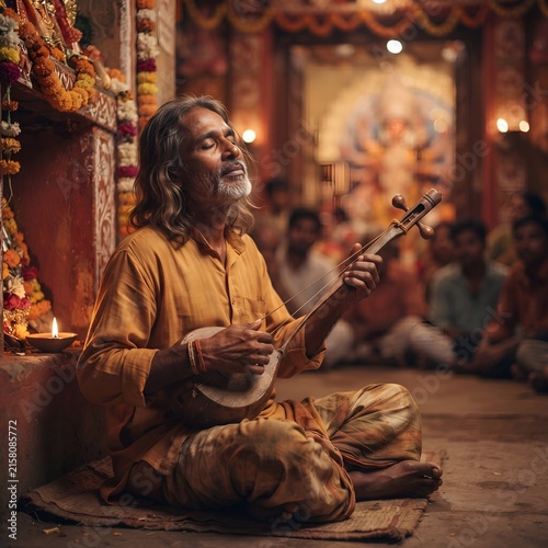 Indian musician playing a traditional string instrument in a temple setting