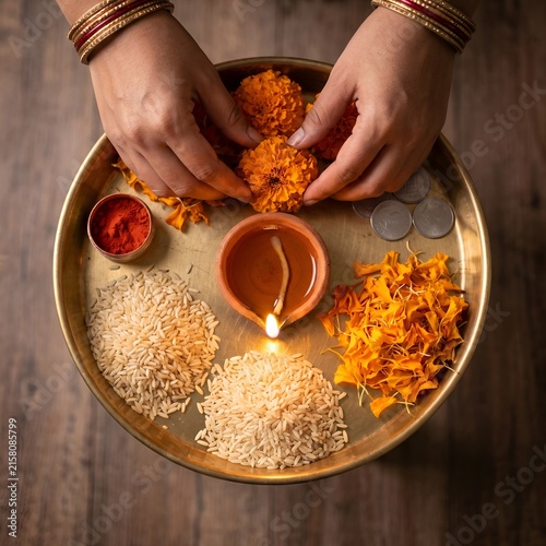 Indian puja thali with flowers diya and offerings on a metal plate