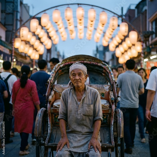 Portrait of rickshaw puller with illuminated lanterns in a japanese street scene
