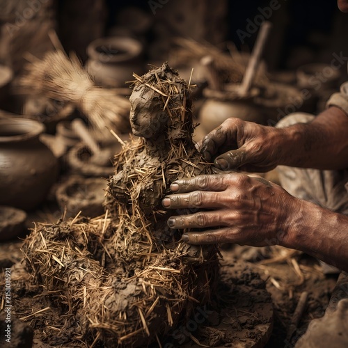 Potters hands shaping clay figure with straw in traditional workshop