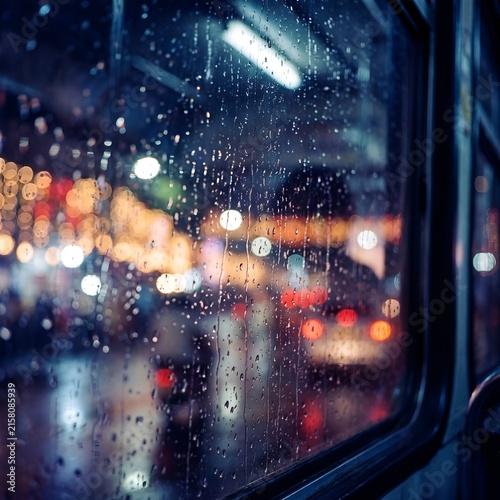 Raindrops on a window with blurred city lights at night atmospheric perspective