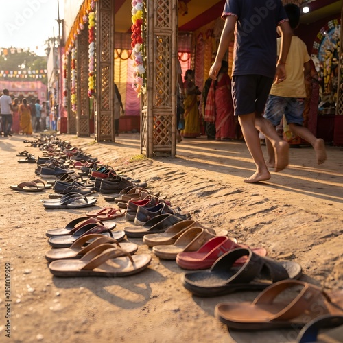 Rows of sandals outside a temple during a cultural festival in India