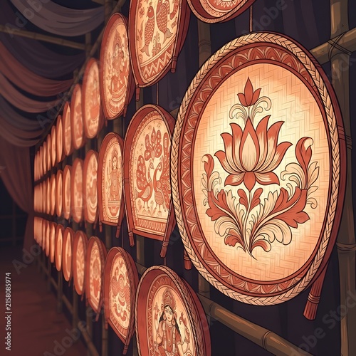Rows of intricately painted round fans hanging in a traditional indian marketplace illustration
