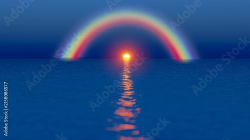 Rainbow Arching over a Rising Sun in Blue Ocean with Reflection