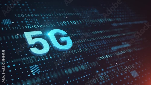 3D 5G network symbol with digital binary code and blue glowing binary data stream background