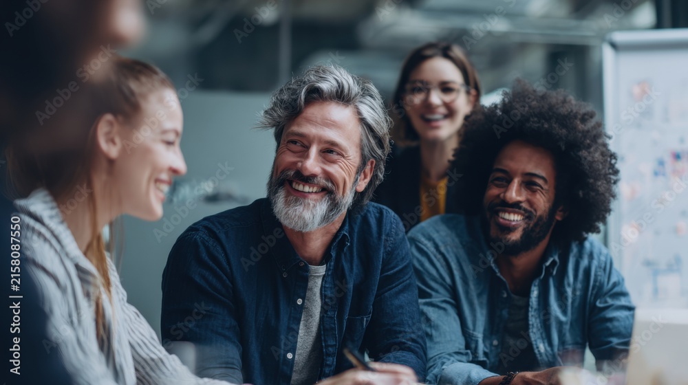 Fototapeta premium Diverse team members laughing and collaborating in a modern office setting