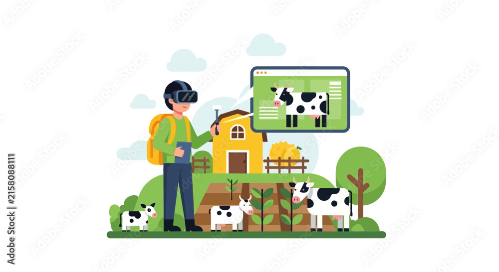 Fototapeta premium Smart Farming Vector Illustration: Farmer Wearing VR Headset Monitoring Cows and Livestock with Digital Data Interface for Modern Sustainable Agriculture