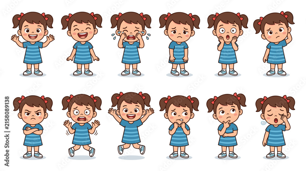 Fototapeta premium Cute Cartoon Girl Character Kit in Blue Striped Dress Displaying Various Facial Expressions Moods and Active Poses for Educational Media and Child Psychology Books