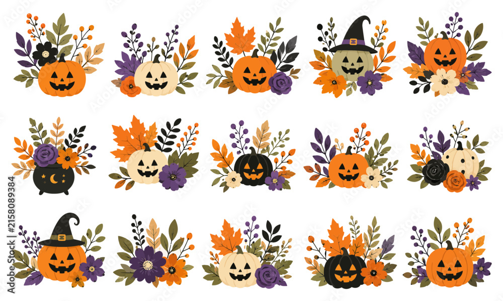 Obraz premium Halloween Floral Pumpkin Arrangements Set with Autumn Leaves, Flowers and Jack O Lanterns