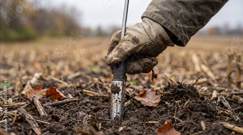Gloved hand collecting soil sample after harvest