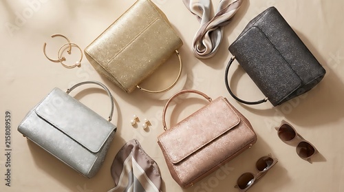 Set of colorful leather handbags and fashion accessories on a flat surface. glittery handbag designs