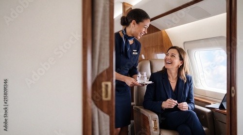 Luxury Flight Service: A smiling flight attendant serves a drink to a happy passenger seated in a private jet, highlighting comfort and exclusive travel experience.