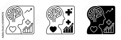 Human head silhouette icons with brain, heart, chart, and medical cross, solid black style, healthcare analytics