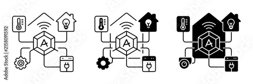 Smart home automation icons set, connected devices, technology, security, temperature, lighting, solid black style, technology