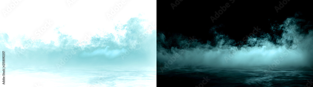 Fototapeta premium Ethereal teal mist hovering above calm dark water with a luminous glow along the horizon for cinematic use in PNG, Transparent and Black Background Versions