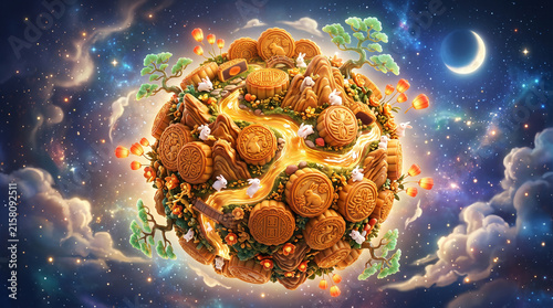 Mid Autumn Festival Mooncake Planet Floating in Starry Space with Crescent Moon