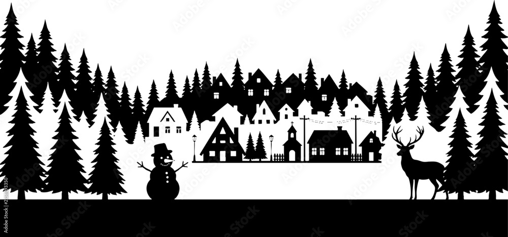 Fototapeta premium Winter village silhouette with deer snowman and pine forest