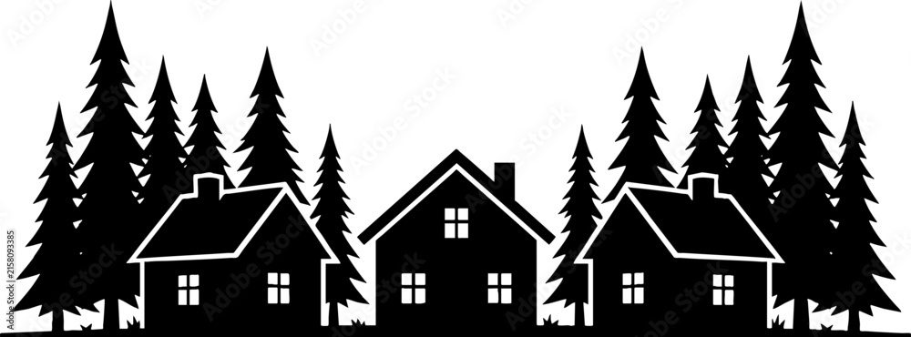 Naklejka premium Black silhouette of houses in a pine forest vector