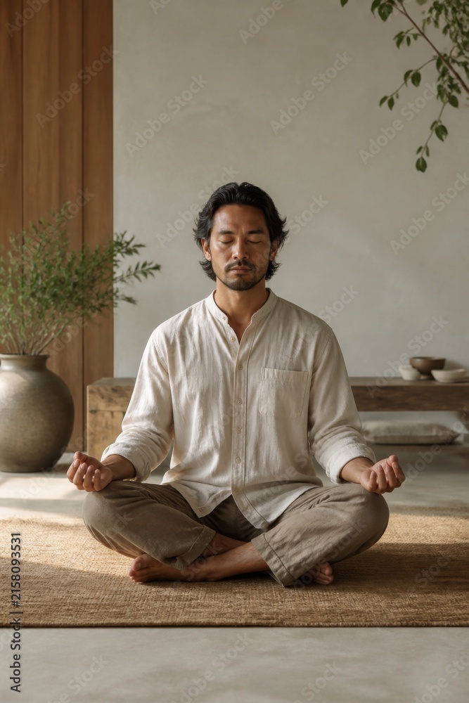 Fototapeta premium Asian man meditating cross-legged at home. Mindfulness practice for relaxation, mental health, inner peace and balanced lifestyle. Calm wellness concept with natural interior.