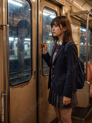 雨の夜の電車で窓の外を物憂げに見つめる制服姿の女子高生