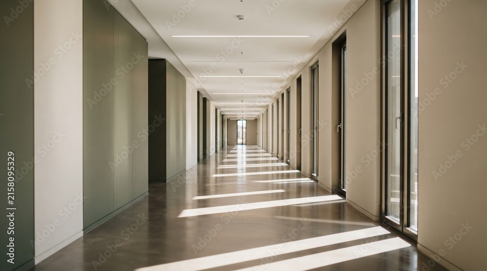 Fototapeta premium Long modern indoor building corridor hallway with repetitive glass and bright