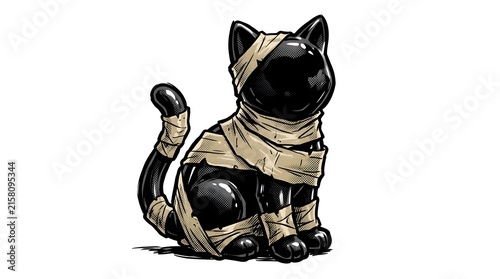 Cute and spooky glossy black cat wrapped in mummy bandages, comic style vector illustration.