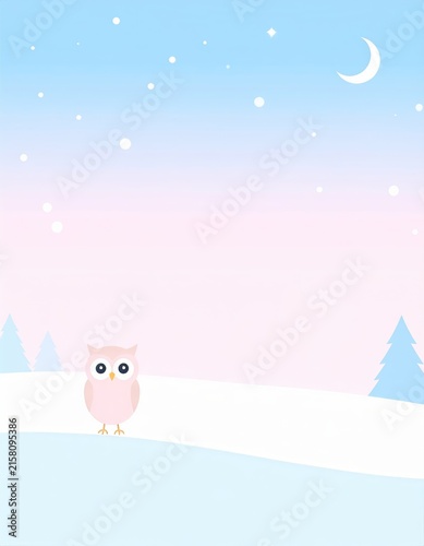 a pink owl standing on a snowy hill