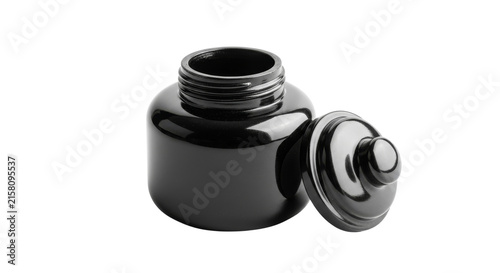 Inkwell black glass container with an open lid used for traditional calligraphy and writing tools.