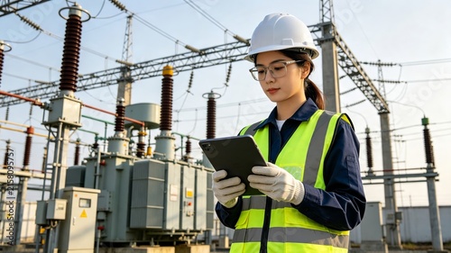 Female electrical engineer wearing safety equipment and using a tablet at a power substation, representing energy infrastructure, engineering and women in STEM
