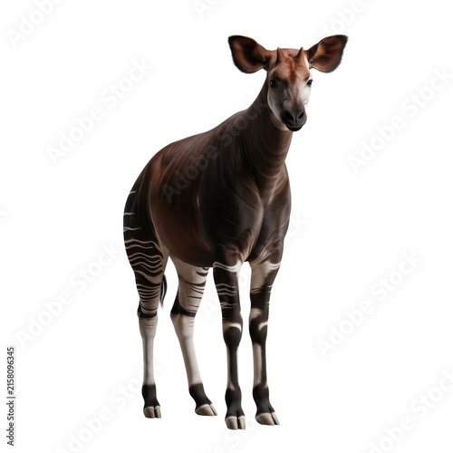 Okapi forest giraffe relative with striped legs and velvety fur standing on a dark background.