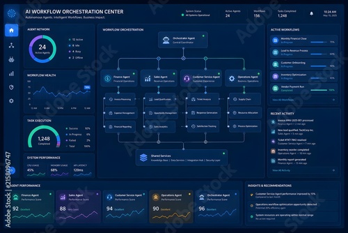 AI Workflow Orchestration Dashboard Interface Showing Agent Performance Automation Monitoring and Operations Control Center