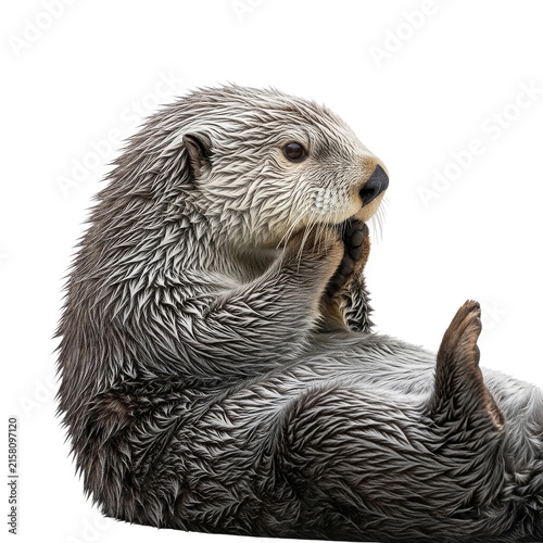 Sea otter marine mammal floating on its back and grooming its fur in a natural pose. This image can be used for ocean conservation campaigns and marine biology studies.