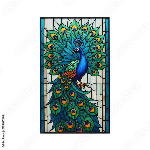 Stained glass panel featuring a vibrant peacock design with colorful mosaic patterns. This image can be used for religious architecture decoration or artistic interior design projects.