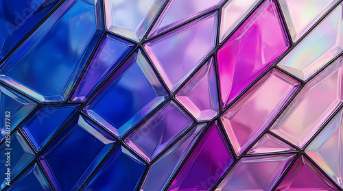 Abstract stained glass window background featuring geometric polygonal shapes in blue and magenta abstract background geometric glasswork