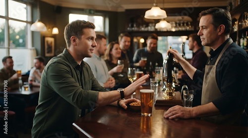 A man at a pub bar counter gesturing to decline a drink offered by a bartender while other patrons socialize in the background