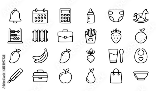 Baby Care Food Household and Everyday Objects Thin Line Vector Icons