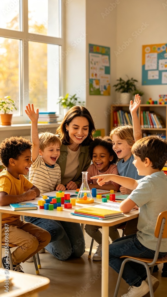 Obraz premium Female Teacher Teaching Young Children With Hands On Educational Activity in Bright Classroom, Collaborative Learning, STEM Education and School Concept