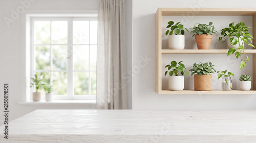 Bright Minimal Scandinavian Interior Background with White Wooden Table, Open Shelving, Small Green Plants and Soft Natural Window Light
