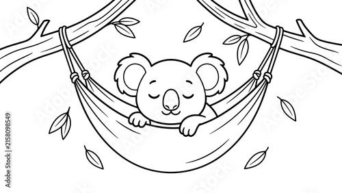 Canvas Print Cute koala sleeping in hammock hanging on tree branch surrounded by leaves for r