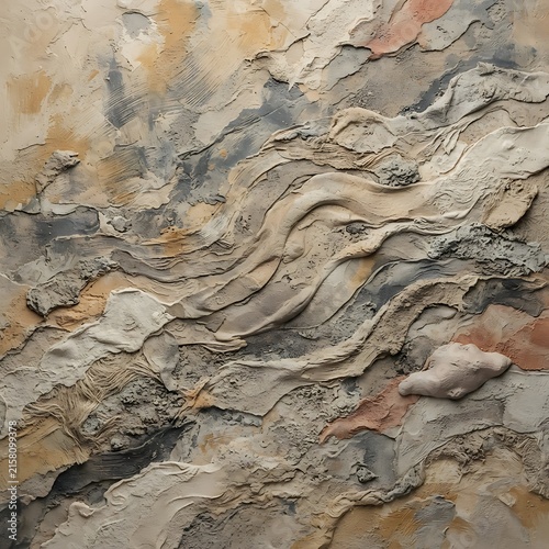 A textured abstract wall surface featuring swirling patterns of beige, grey, and brown plaster, creating a layered and three-dimensional effect
