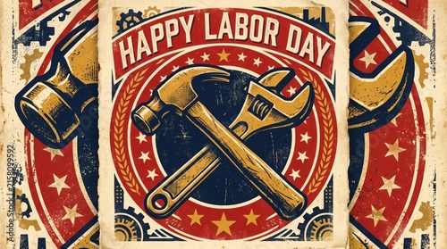 Happy labor day vintage poster design with crossed hammer and wrench tools
