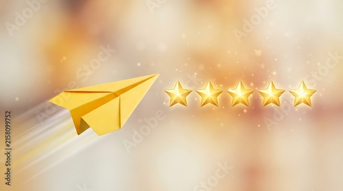 A yellow paper airplane flying towards five glowing golden stars on a blurred light brown background, representing success and ratings