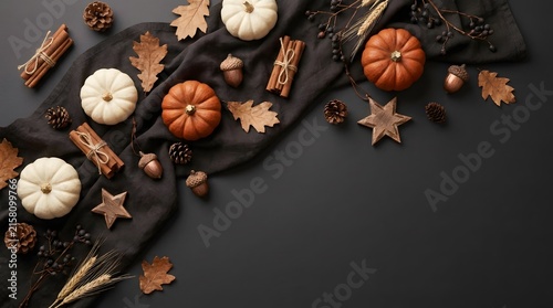 Autumn harvest background with decorative pumpkins cinnamon sticks and fall leaves on a dark textured surface