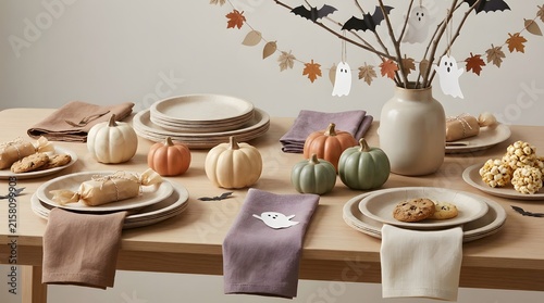 Beautifully decorated dining table set for a festive autumn harvest dinner with pumpkins and seasonal fall foliage decor