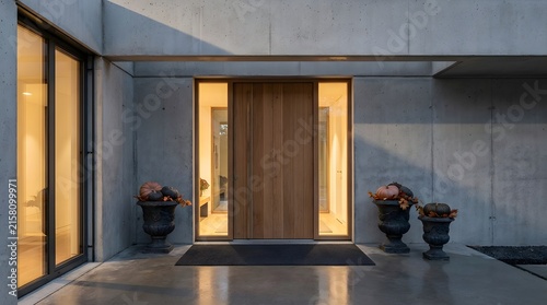 Modern luxury home entrance with a wooden front door and warm interior lighting at twilight exterior view