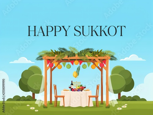 Happy sukkot greeting card design with a decorated sukkah hut and festive table in a sunny garden