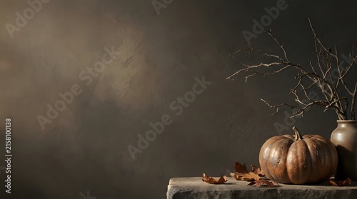 Rustic autumn still life with a pumpkin and dried branches on a wooden table against dark background
