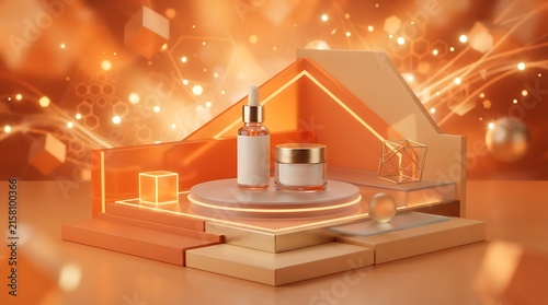 Cosmetic skincare product bottles on a tiered display stand with glowing orange geometric shapes and soft bokeh light background effects